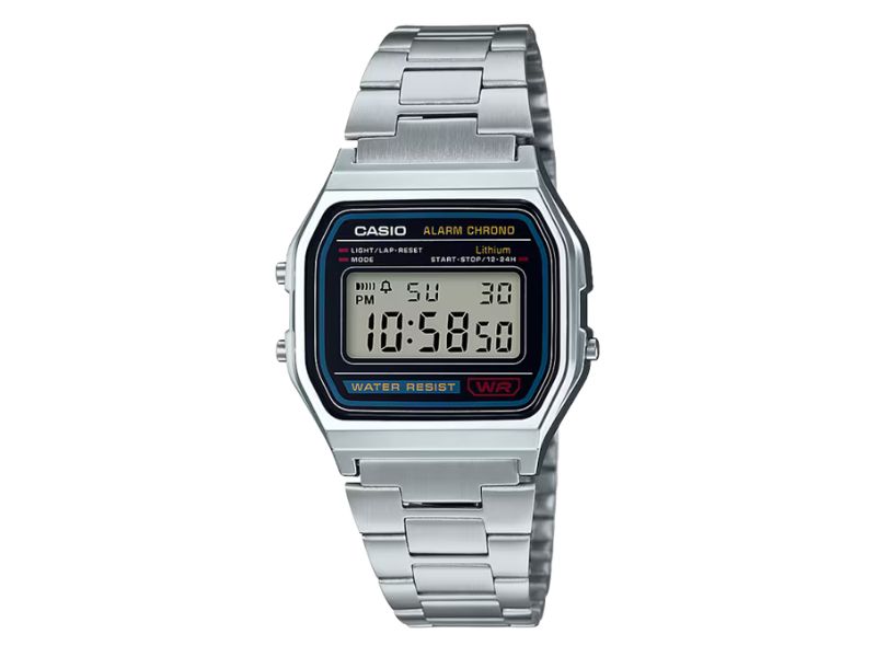 Relógio digital Casio A158W com pulseira de aço inoxidável e visor LCD clássico