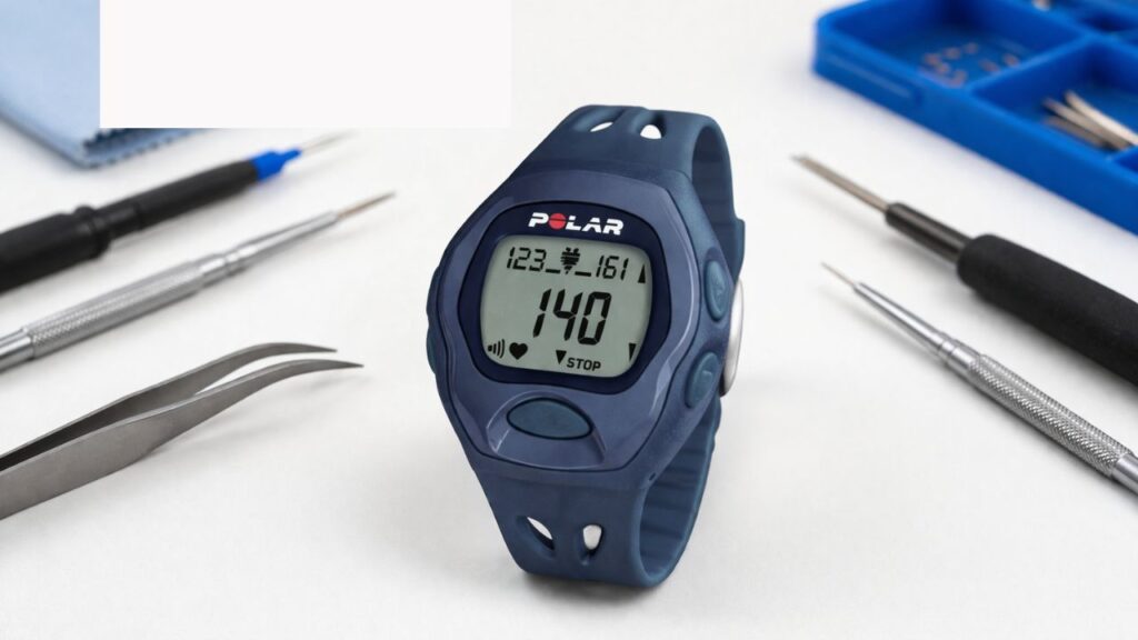 Relógio Polar A3 azul e preto sobre uma bancada técnica com ferramentas de precisão.